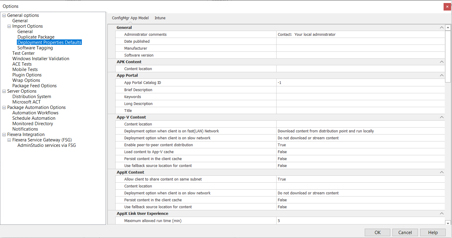 Options Dialog Box / Deployment Properties Defaults Tab