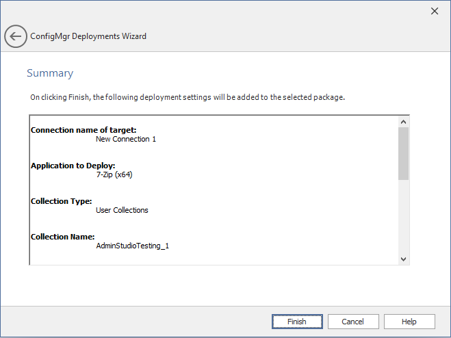 ConfigMgr Deployments Wizard / Summary Panel