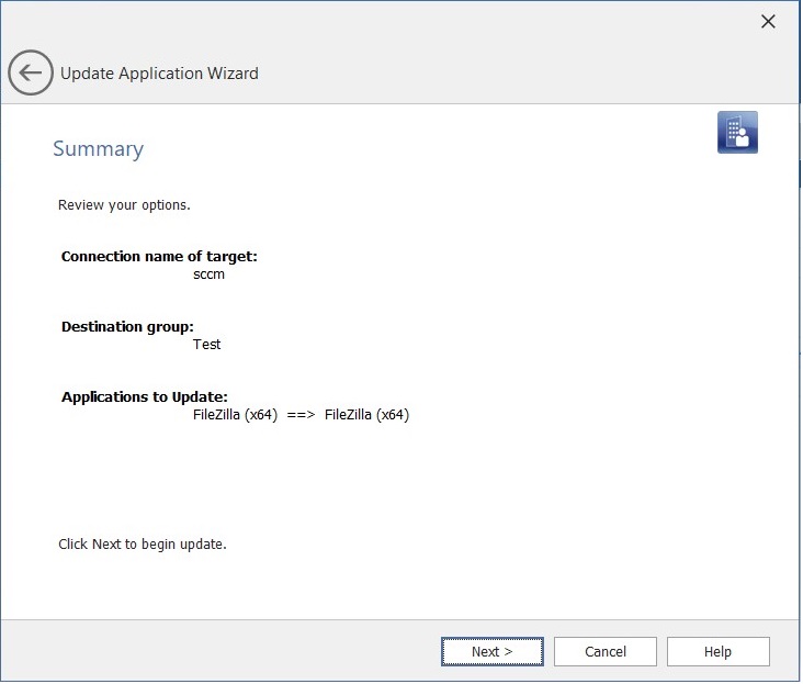 Update Application Wizard / Summary Panel