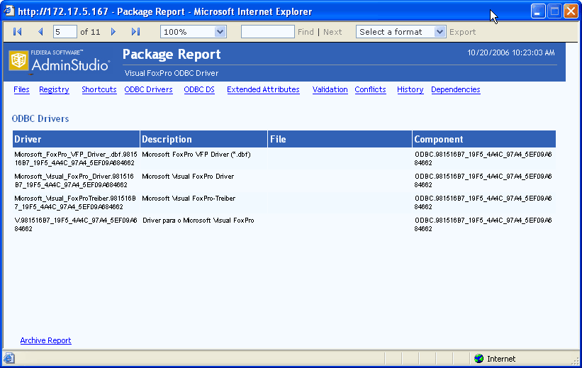 Package Report / ODBC Drivers View